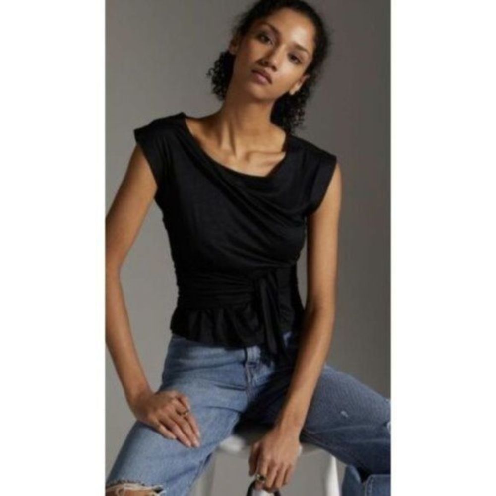 Anthropologie Draped Wrap Capped Sleeve Tank Top ~ Black S